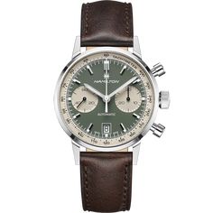 American Classic Intra-Matic Auto Chrono 40mm | H38416560 Brown Band Watch, Brown Leather Strap Watch, Hamilton Watch, Green Cases, Brown Leather Strap, American Classic, Patek Philippe, Automatic Watch, Chronograph Watch