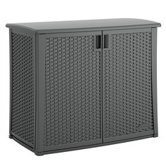 an outdoor storage cabinet with doors on the front and side, in dark brown color