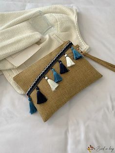 BirdinBag - Tassel-Embellished Wristlet Bag with Unique Charm Rectangular Clutch With Tassels For Daily Use, Beach Clutch With Tassels, Embellished Clutch, Wristlet Bag, Bag Bag, Square Bag, Unique Charms, Color Khaki, Polyester Material