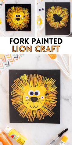 the lion craft is made out of construction paper and painted with yellow, black and white paint