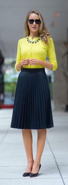 Find more modest fashion inspiration via @modestonpurpose and on the blog at ModestOnPurpose.blogspot.com!! Periwinkle Blue Outfit Ideas, Neon Blouse, Bright Cardigan, Office Elegant, Professional Outfit, Cocktail Necklace, Classy Skirts, Buttoned Cardigan