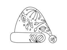 a black and white drawing of a hat with leaves on it's brim