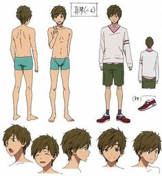 an anime character's body is shown in various poses and colors, including the shirtless man