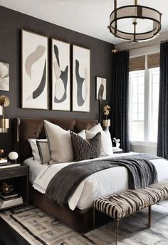 Modern Contrast Bedroom, Beige Bed Decor Ideas, Black White And Taupe Bedroom, Black Design Aesthetic, Brown Black And Cream Bedroom, Brown Minimalist Bedroom, Brown Bedroom Accent Wall, Brown Bed Bedroom, High Contrast Interior Design