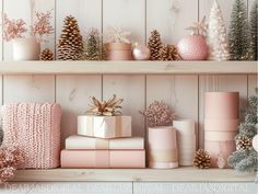 christmas presents on shelves with pine cones and fir trees