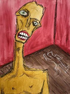 a drawing of a yellow creature sitting in front of a red wall with writing on it