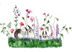 two cats are in the grass with flowers