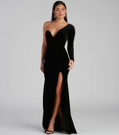 Cheyenne Formal One-Shoulder Velvet Dress | Windsor Hunter Dress, Velvet Dress Black, Occasion Outfit, Fitted Long Sleeve, Long Sleeve Evening Dresses, Rhinestone Heels, Special Occasion Outfits, Black Velvet Dress, Velvet Dress