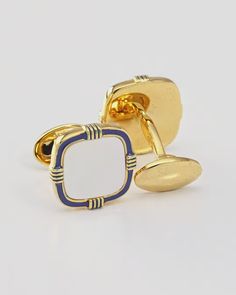 These cushion-shaped cufflinks feature polished sterling silver with 18-karat yellow gold vermeil, genuine mother-of-pearl gemstones and hand-painted blue enamel border. Inlay Genuine Mother of Pearl 925 sterling silver with 18-karat yellow gold vermeil Packaged in a black wood-lacquer box, perfect for gifting, travel, storage Pearl Cufflinks, Black Tie Affair, Travel Storage, Pearl Gemstone, Private Event, Black Wood, Gold Vermeil, Mother Of Pearl, Cufflinks