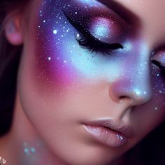 Out Of This World Makeup Ideas, Galaxy Makeup Looks Eyeshadows, Blue Galaxy Makeup, Cold Face Makeup, Magical Makeup Looks, Space Theme Makeup, Space Inspired Makeup, Alien Inspired Makeup, Alien Eye Makeup