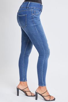 If all the world is a stage, then our Women’s Essential High Rise Skinny Jeans will really steal the show. This high-waisted denim jean features a stretchy composition for the perfect hip-hugging look, and tapers down to a narrow ankle for a slimming silhouette that still shows off your natural shape. Pair with a tucked tank or a fitted crop to really flaunt your gorgeous frame. Product Details- High Rise - 3 Button Closure with Zipper - 5 Pocket Construction - Slim in Waist, Hip, and Leg- Full Mid-rise Denim Bottoms, High Rise Stretch Cropped Jeans In Medium Wash, Stretch High Rise Cropped Jeans In Medium Wash, High Waist Ripped Fitted Cropped Jeans, Fitted High Waist Ripped Cropped Jeans, Ripped High Rise Stretch Bottoms, High Rise Stretch Ripped Bottoms, Ripped Stretch High Rise Jeans, Stretch High Rise Ripped Bottoms