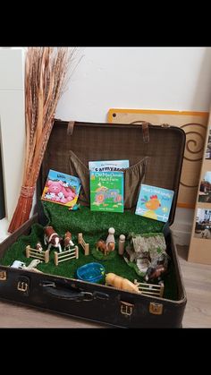 an open suitcase filled with toys and books