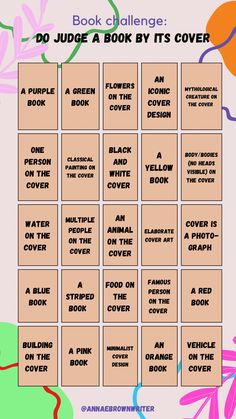 the book challenge is shown with words and pictures on it, as well as an image of