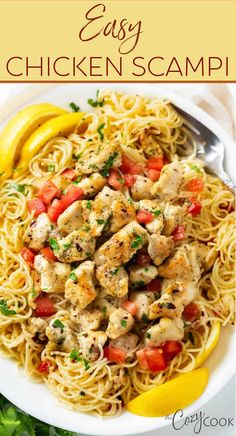 chicken scamp with lemons and tomatoes in a white bowl