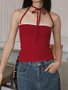 ⚡Buy 2024 Halter-Neck Lace-Trim Ruched Slim-Fit Camisole Top Red L under $21.00 in Tops&Tees at AnotherChill.com Online. Style: Casual/Street/Vintage/Sweet/Sexy. Fabric Content: Polyester. Fit Type: Slim Fit. Sleeve Length: Sleeveless. ✓2024 S/S OUTFITS. Check reviews and buy Halter-Neck Lace-Trim Ruched Slim-Fit Camisole Top today. Hip Hop Fashion 90s, 90s Hip Hop Fashion, 2000s Outfits, Slim Fit Top, Halter Neck Top, Stunning Outfits, Sport Dress, Red Top, Unique Outfits