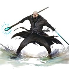 a man with two swords standing in the water