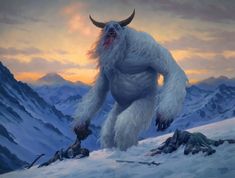 a painting of a yet - like creature in the middle of a snowy mountain range