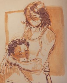 a drawing of a woman holding a baby in her arms, with the child's arm wrapped around him