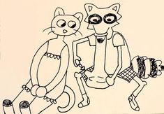 a drawing of two cats standing next to each other with one cat on a skateboard