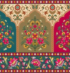 four different colored floral designs on a beige, red and green background with an ornate border