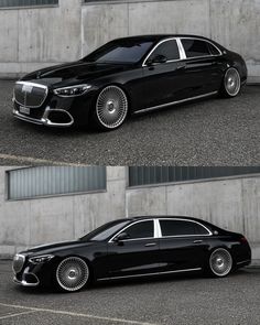 two pictures of a black car with chrome rims