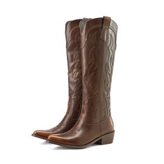 PRICES MAY VARY. Classic Western Embroidery - These cowboy boots for women feature a classic embroidered pattern, V-cut cuffs, pull-on, pointed toe and block heel for a classic yet elegant Western style. Premium Quality Leather - To maintain the beauty and comfort of classic cowgirl boots, these women's cowboy boots are made from premium PU leather with a comfortable synthetic lining that provides a soft, next-to-skin feel and keeps your feet relaxed. Classic & Versatile - Slip into some classic Cowboy Boots With Dress, Classic Cowgirl, Knee High Western Boots, Knee High Cowboy Boots, Women Knee High Boots, Cowboy Boots For Women, Western Embroidery, Brown Cowboy Boots, Country Boots