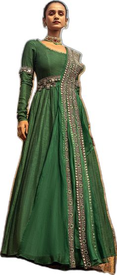 Festive Green Embellished Salwar Kameez, Bollywood Style Embellished Floor-length Kurta, Green Embellished Unstitched Salwar Kameez, Green Floor-length Anarkali Set With Mirror Work, Green Embellished Salwar Kameez For Festive Occasions, Embellished Green Salwar Kameez For Festive Occasions, Floor-length Green Salwar Kameez With Mirror Work, Green Floor-length Salwar Kameez With Mirror Work, Semi-stitched Embellished Green Kurta