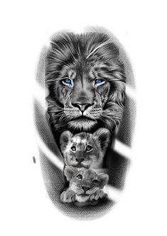 a drawing of a lion and its cub in black and white, with blue eyes