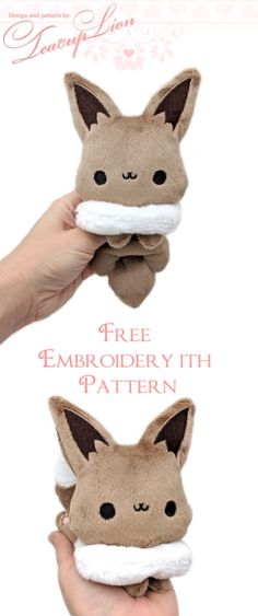 a hand holding a small stuffed animal with the words free embroidery fifth pattern