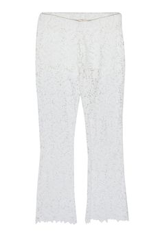 Current Boutique-Maje - White Lace Crocheted Flare Pants Sz S White Stretch Bottoms For Festivals, Chic Pants For Spring Festival, White Fitted Bottoms For Festival, Fitted White Bottoms For Festival, Bohemian Style Party Pants For Spring, Bohemian Party Pants For Spring, White Party Pants For Fall, Bohemian Spring Party Pants, White Wide Leg Pants For Festival