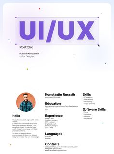 a professional resume is shown in purple and blue colors, with the name u / ux on it