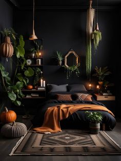 a bedroom with black walls and lots of plants