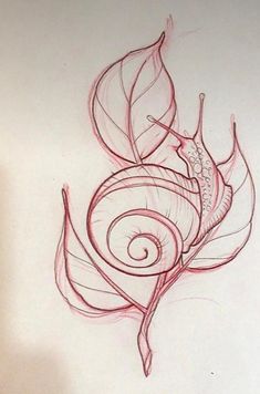 a drawing of a flower with leaves and swirls on the petals is shown in red ink