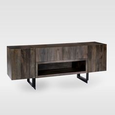 the sideboard is made out of wood and has black metal legs on each side