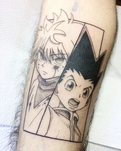 a man's leg with an anime character tattoo on it, and the image of two people