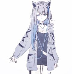 an anime character with long hair and cat ears