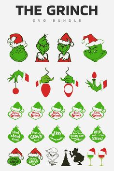 the grinch svg bundle is shown in red, green and white with an image of