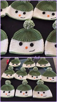 crocheted snowman hats and beanies are shown in two different pictures, one is green and the other is white