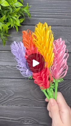 someone is holding some colorful paper flowers in their hand and pointing to the flower petals