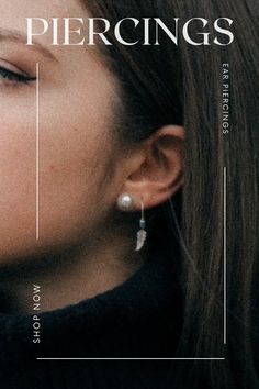 there is a woman with earrings on her face and the words piercings below it