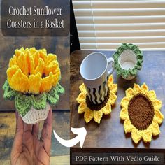 crochet sunflower coasters in a basket pattern with video guide