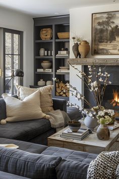 Traditional Meets Modern Living Rooms, Earthy Living Rooms Ideas, Soft Transitional Living Room, Jean Stoffer Living Room Designs, Organic Modern Christmas Living Room, Living Room Old Money Aesthetic, Charcoal Fireplace Living Room, Modern Organic Transitional Living Room, Northern Coastal Decor