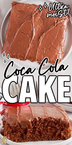 a close up of a piece of cake on a plate with the words coca cola cake