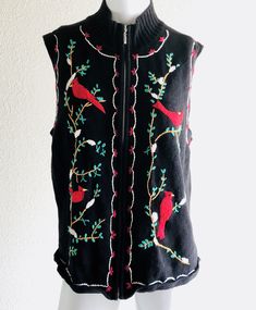 This is a women's sleeveless zip up sweater vest. Size Large. Measurements: (Laying on a flat surface, double where necessary) Underarm to underarm: 19 inches Waist: 20 inches hip: 21 inches Length: 24 1/2 inches Visit Our Shop: http://www.etsy.com/shop/alohagypsyvintage Zip Up Pullover, Red Cardinal Bird, Sleeveless Sweater Vest, Sleeveless Jumper, Cardinal Bird, Lady Style, Sweater Vest Women, Red Cardinal, Zip Up Sweater