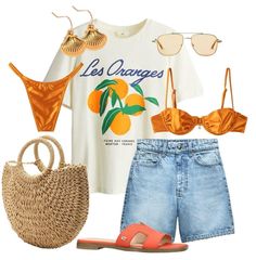 Summer Outfits Flatlay, Orange Shirt Outfit Summer, Orange Beach Outfit, Summer Outfits Jorts, Outfits Jorts, Orange Shirt Outfit, Beach Aesthetic Outfits, Beach Day Outfit, Shirt Outfit Summer