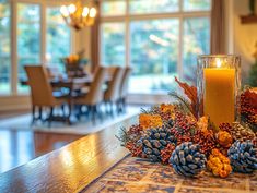 a candle and some pine cones on a table in front of a dining room window