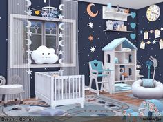 a child's room with stars, moon and clouds on the wall in blue tones