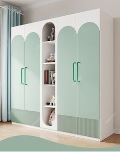 a white and green bookcase in the corner of a room