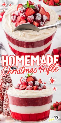 the cover of homemade christmas trifle with strawberries on top and whipped cream in the bottom