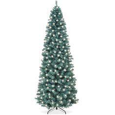 a blue christmas tree with white lights on it's top and the base is shown